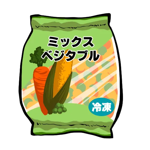 ミックスベジタブルと書かれた、緑色の野菜が描かれた包装袋です。