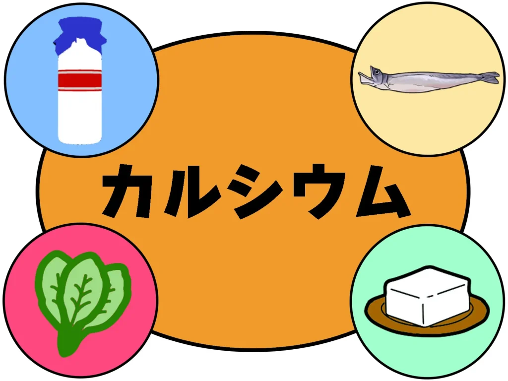 「カルシウム」と大きく書かれたオレンジ色の背景に、牛乳、青魚、野菜、豆腐を象徴するイラストが配置されており、それぞれがカルシウムを豊富に含む食品を表しています。