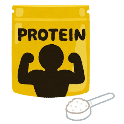 プロテインパウダージャーのイラスト: ジムで鍛え上げられた筋肉を象徴するシルエットが描かれており、筋トレ後の栄養補給を想起させる。