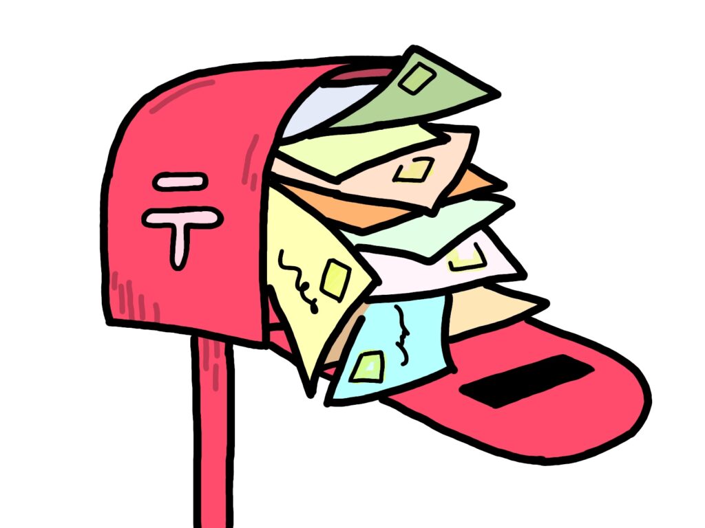 赤い郵便受けから入った多数の手紙や封筒があふれ出ている様子のイラスト。