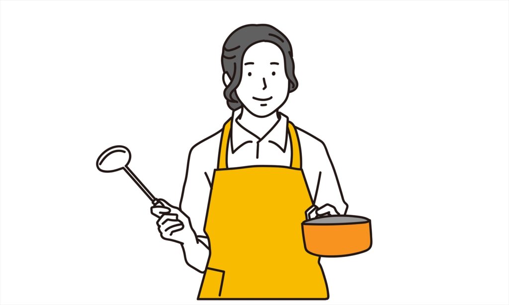 黄色いエプロンをした女性が微笑みながら鍋とおたまを持っているイラスト。
