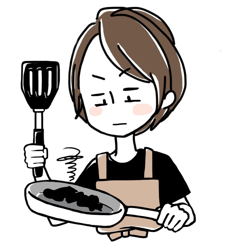 エプロンをつけた女性が、フライパンで何かを調理している様子を描いたイラスト。