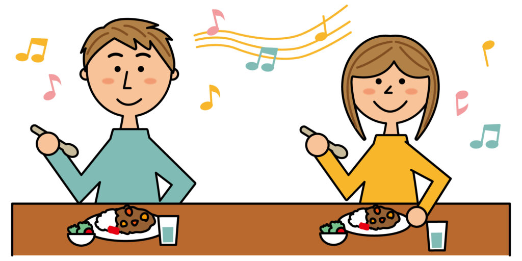 音符が飛び交う中、男性と女性が向かい合って楽しそうに食事をしているイラスト。