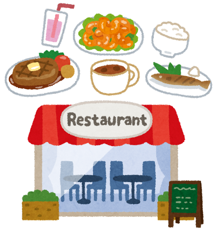 「Restaurant」と書かれた看板のあるかわいらしいレストランのイラスト。その上にはステーキ、パスタ、ご飯、コーヒー、サラダの皿が描かれている。