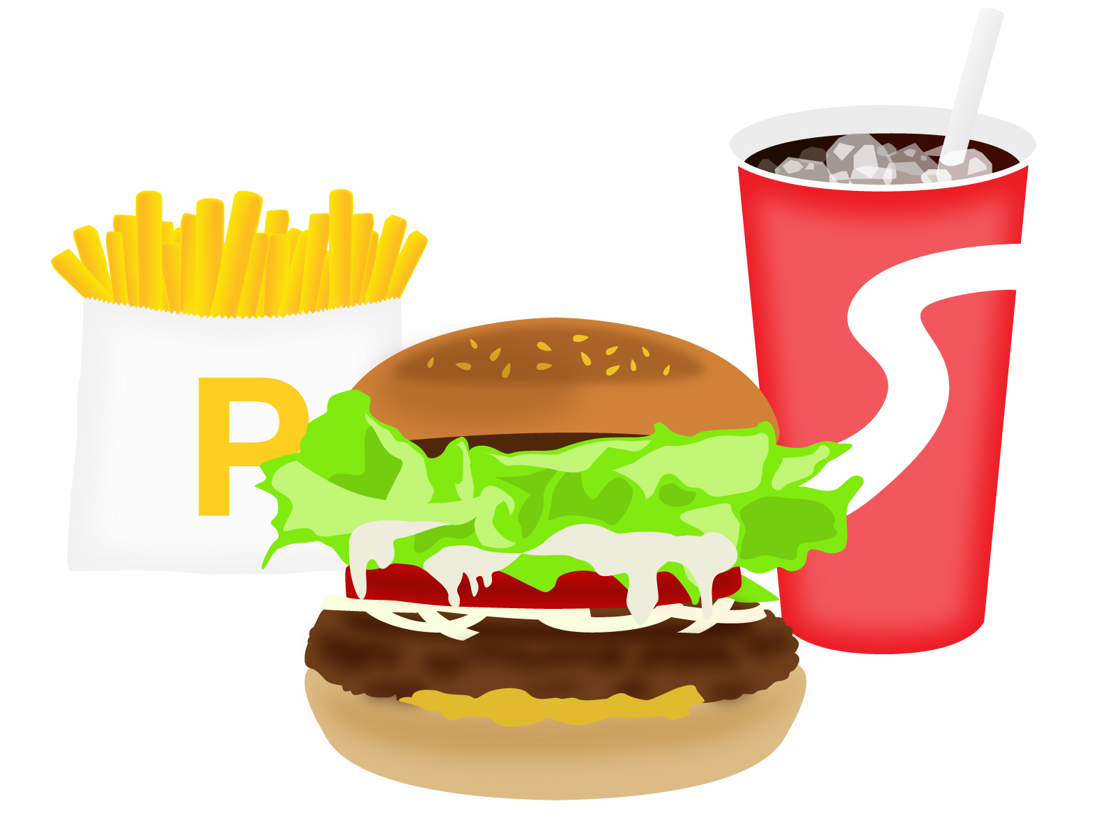 ハンバーガー、フライドポテト、赤いカップに入ったソフトドリンクがセットになったファーストフードのイラスト。