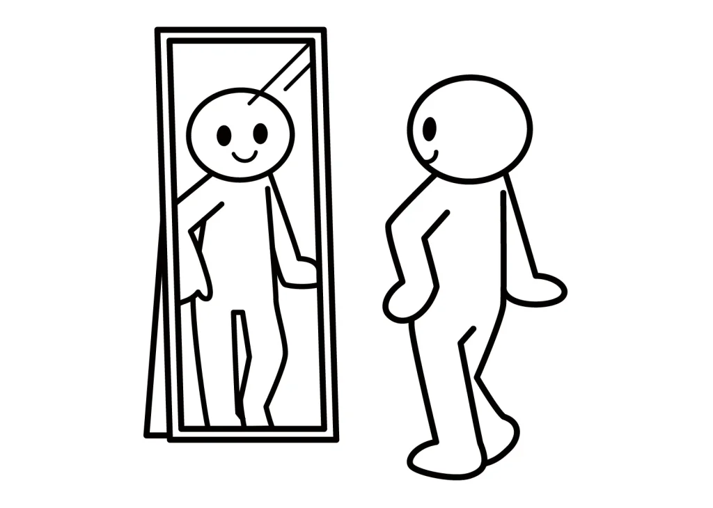 鏡で自分の姿を見る人のイラスト