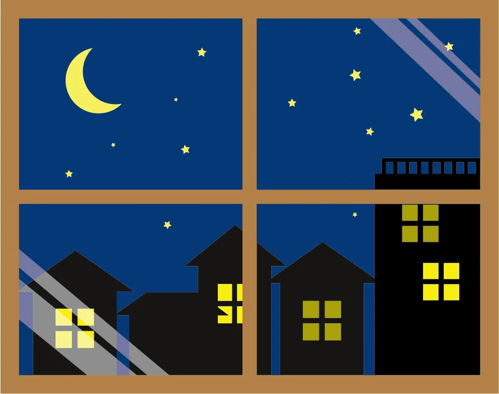 夜の風景を見せる窓のイラスト。窓の外には月と星があり、建物のシルエットと点灯している窓が見えます。