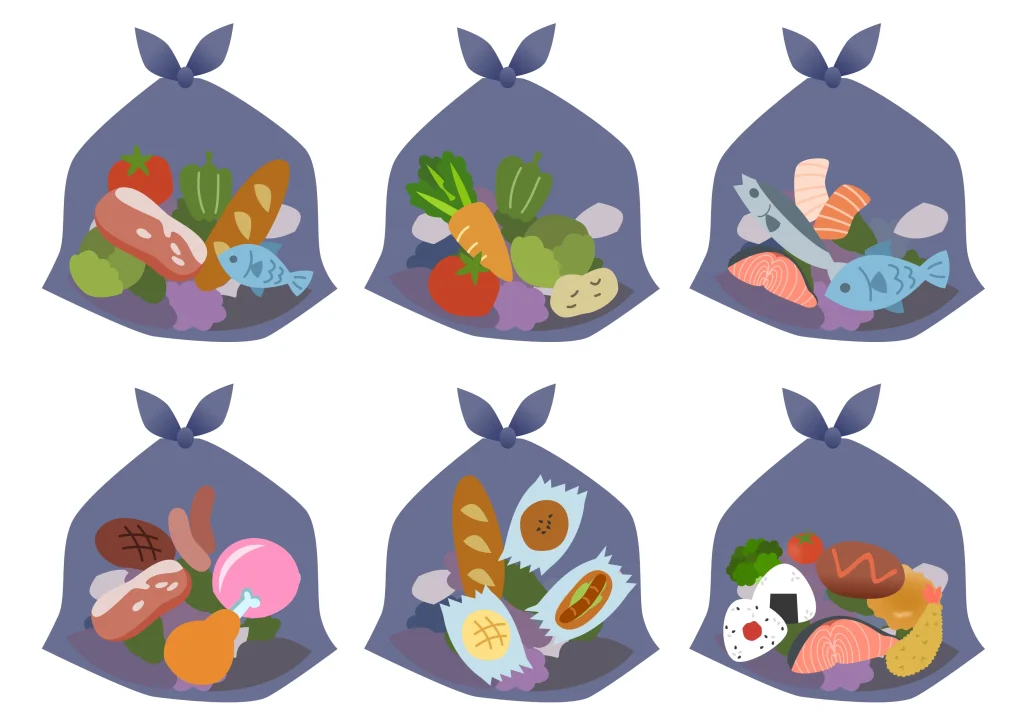 異なる種類の食品が入った6つの透明なゴミ袋が描かれています